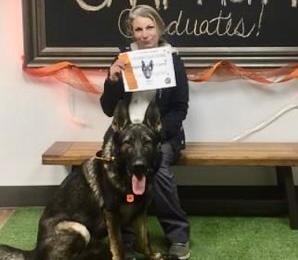 Chaos — graduate with owner at Haven Dog Training banner