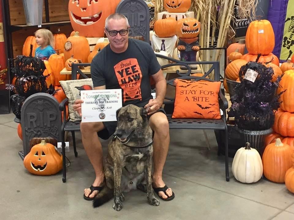 Claymore Kob — Therapy Dog graduate with Halloween pumpkins