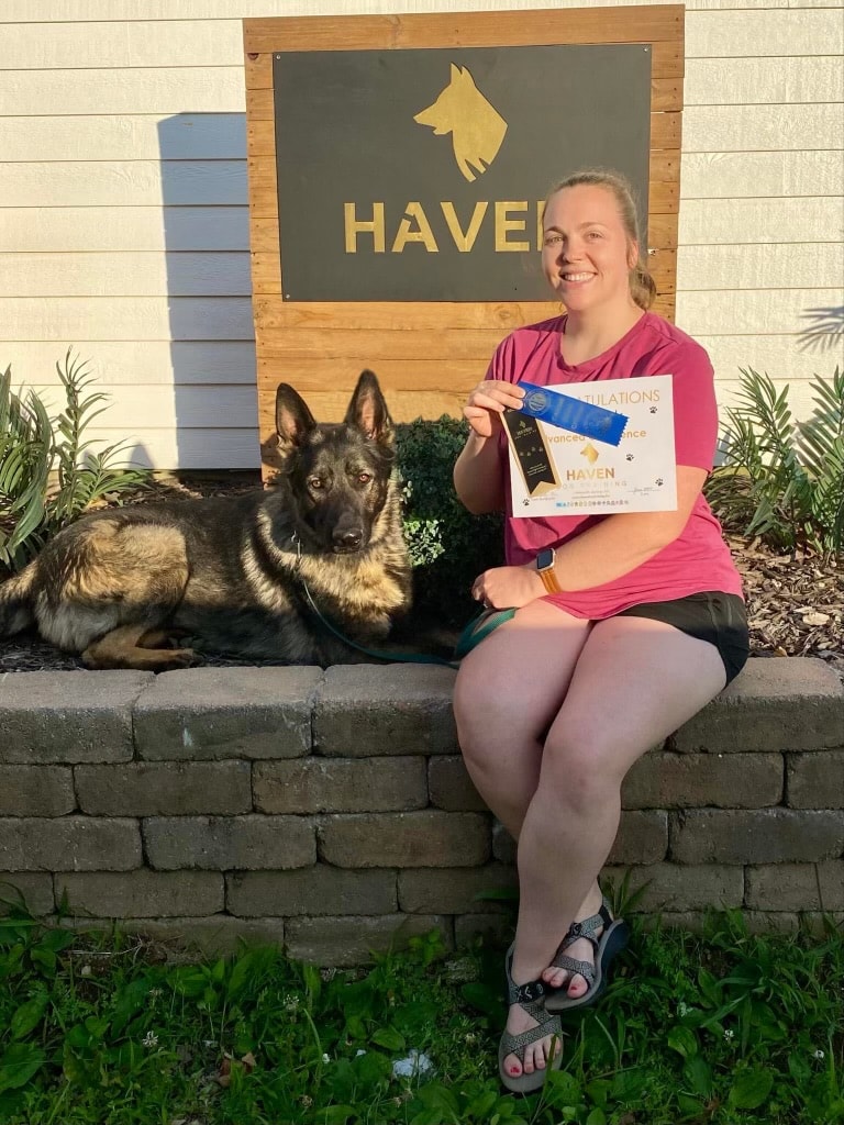 Grim — Advanced Obedience graduate at Haven sign