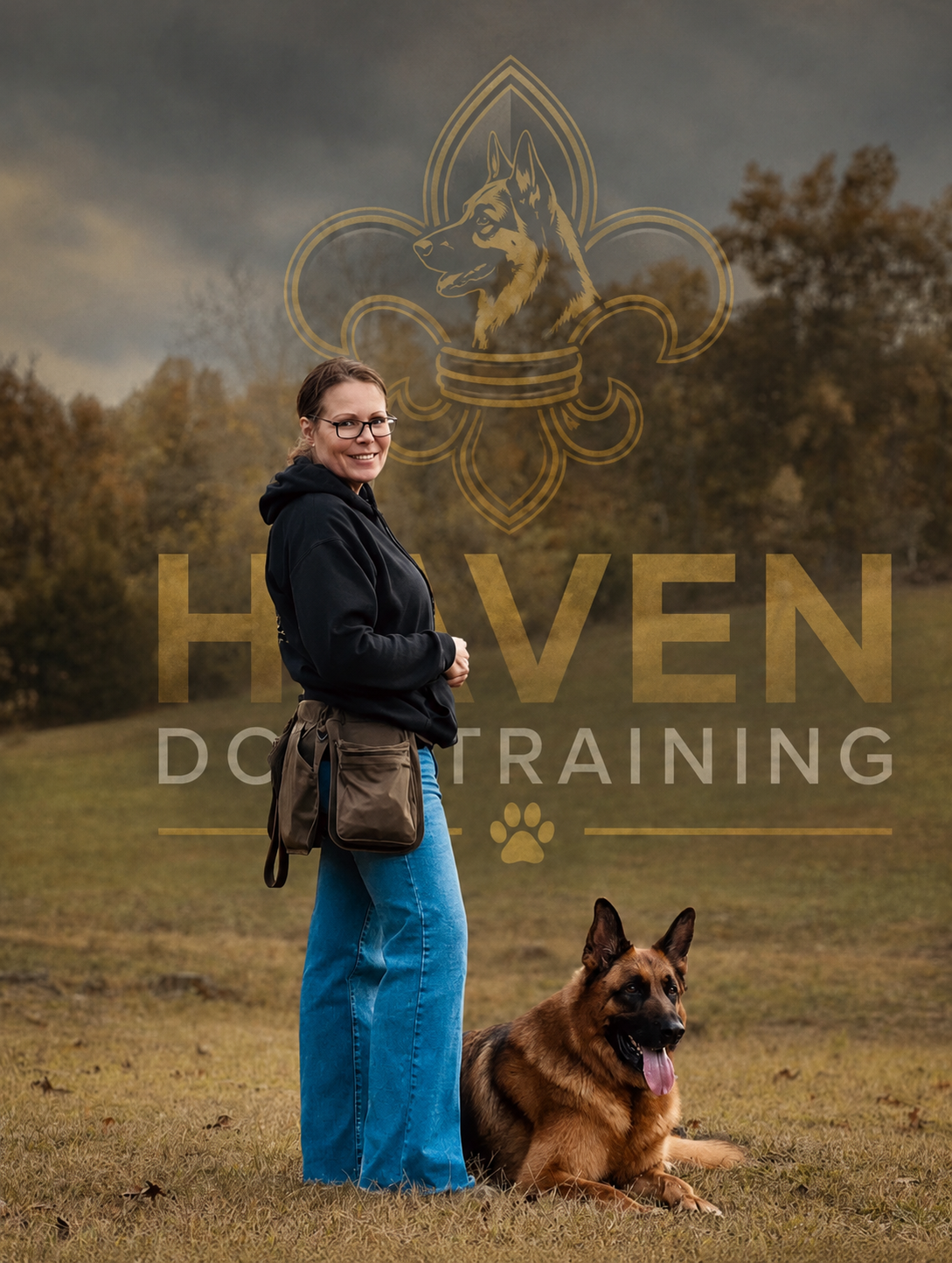 Haven trainer with German Shepherd against Haven Dog Training logo backdrop