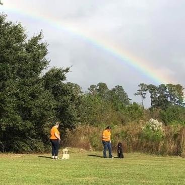 Handler and dog in field under a vivid rainbow after training session