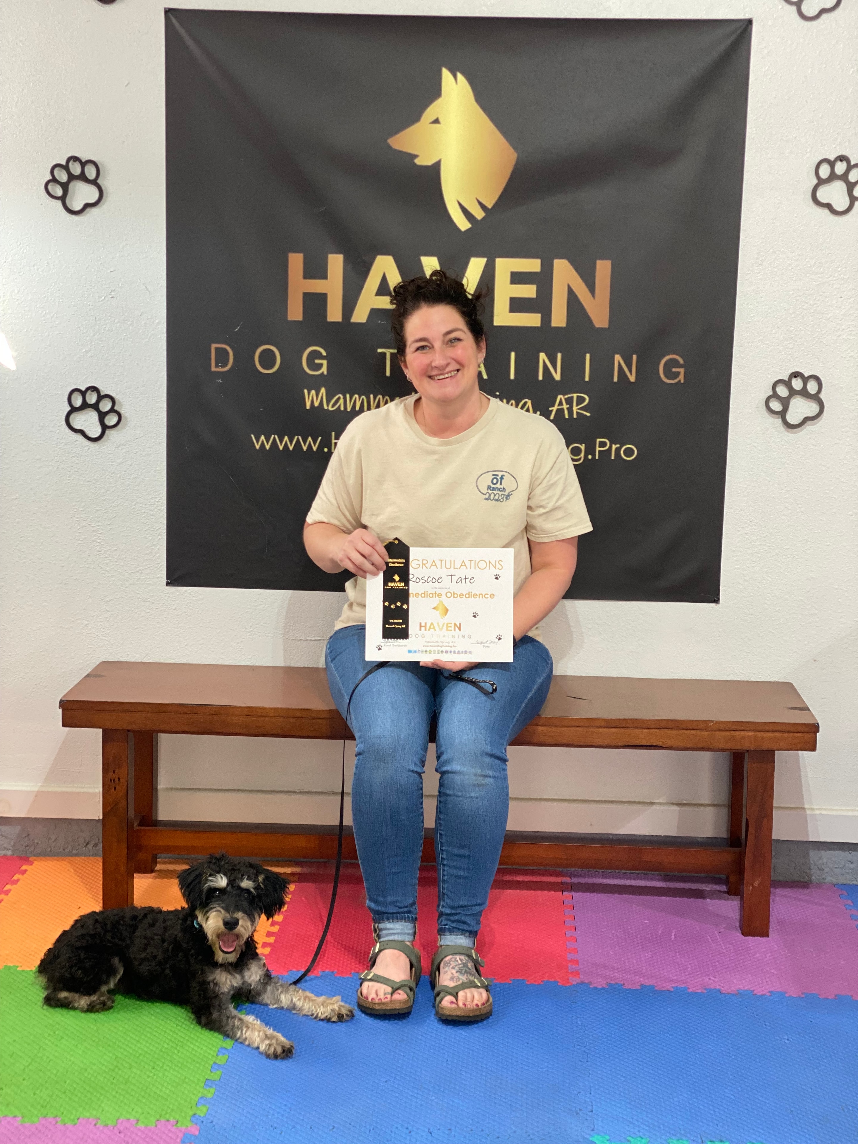 Roscoe Tate — Intermediate Obedience graduate with owner holding certificate at Haven banner