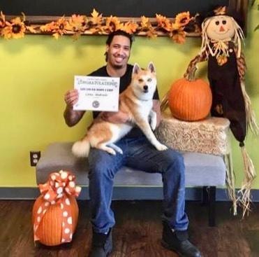 Man with Shiba Inu holding graduation certificate at fall harvest display