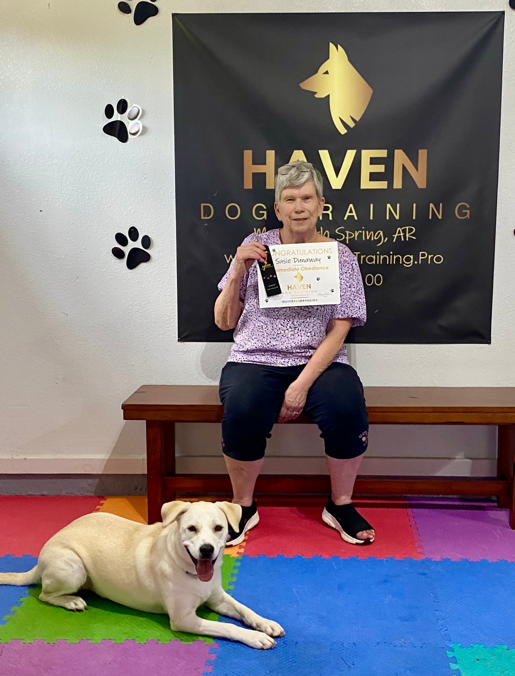 Susie Dunaway — Intermediate Obedience graduate with yellow Lab at Haven banner