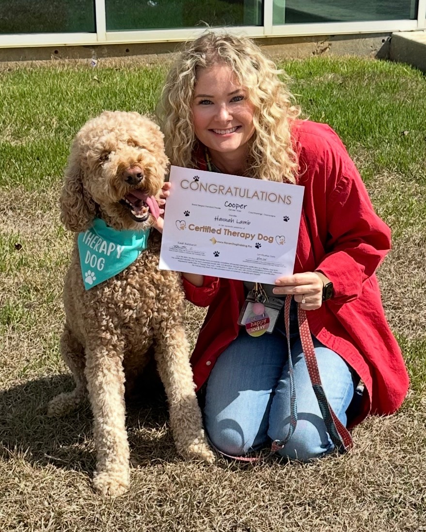 Cooper — Certified Therapy Dog with Hannah Lamb holding certificate