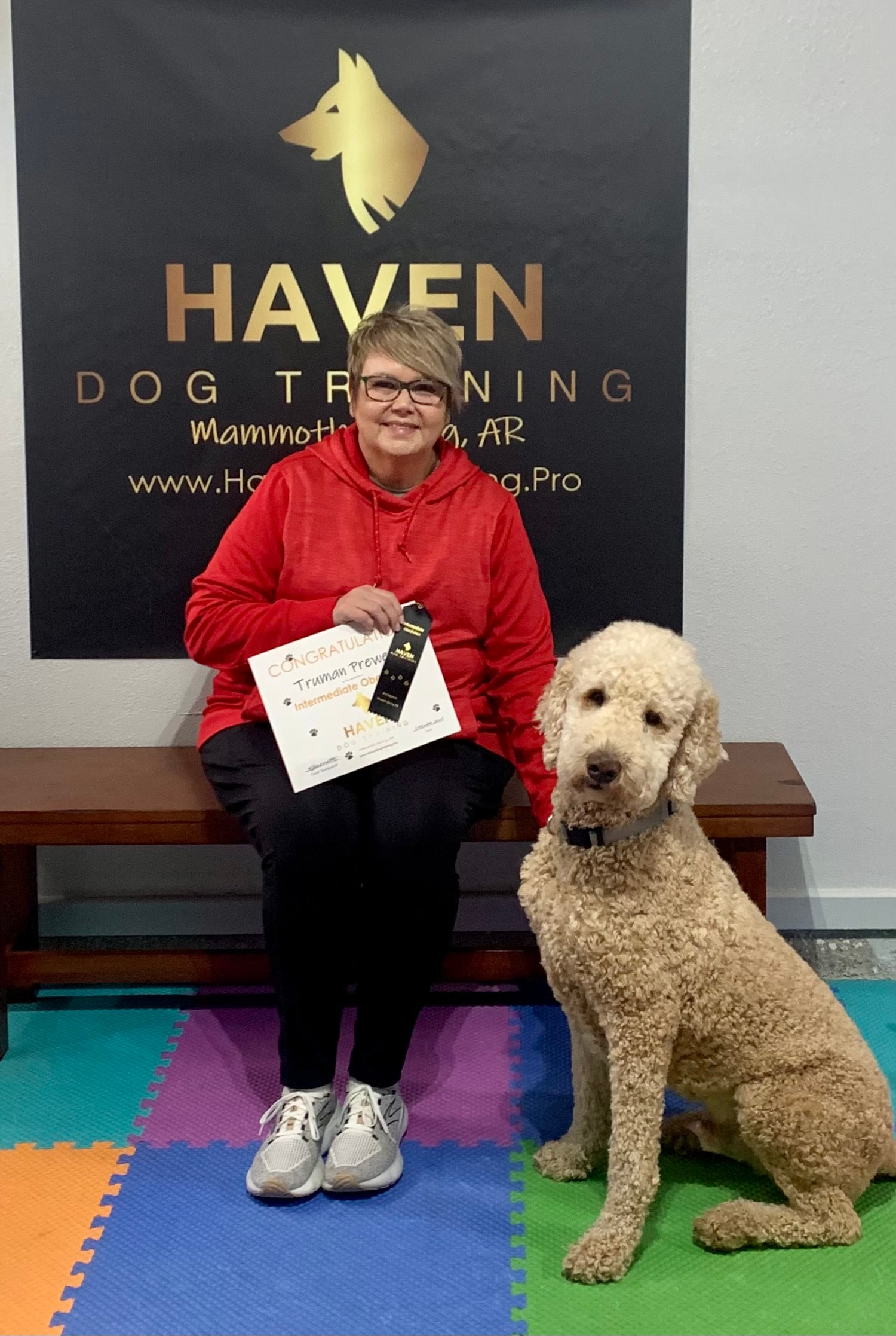 Truman Prewett — Obedience graduate with owner and poodle at Haven banner