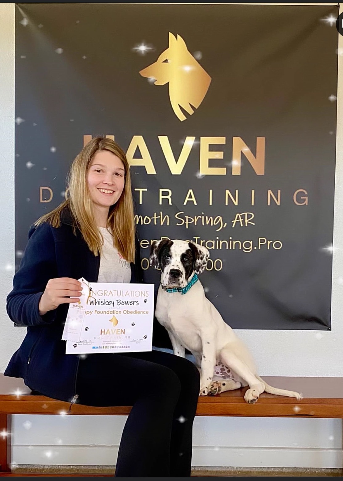 Whiskey Bowers — Puppy Foundation Obedience graduate with owner at Haven banner