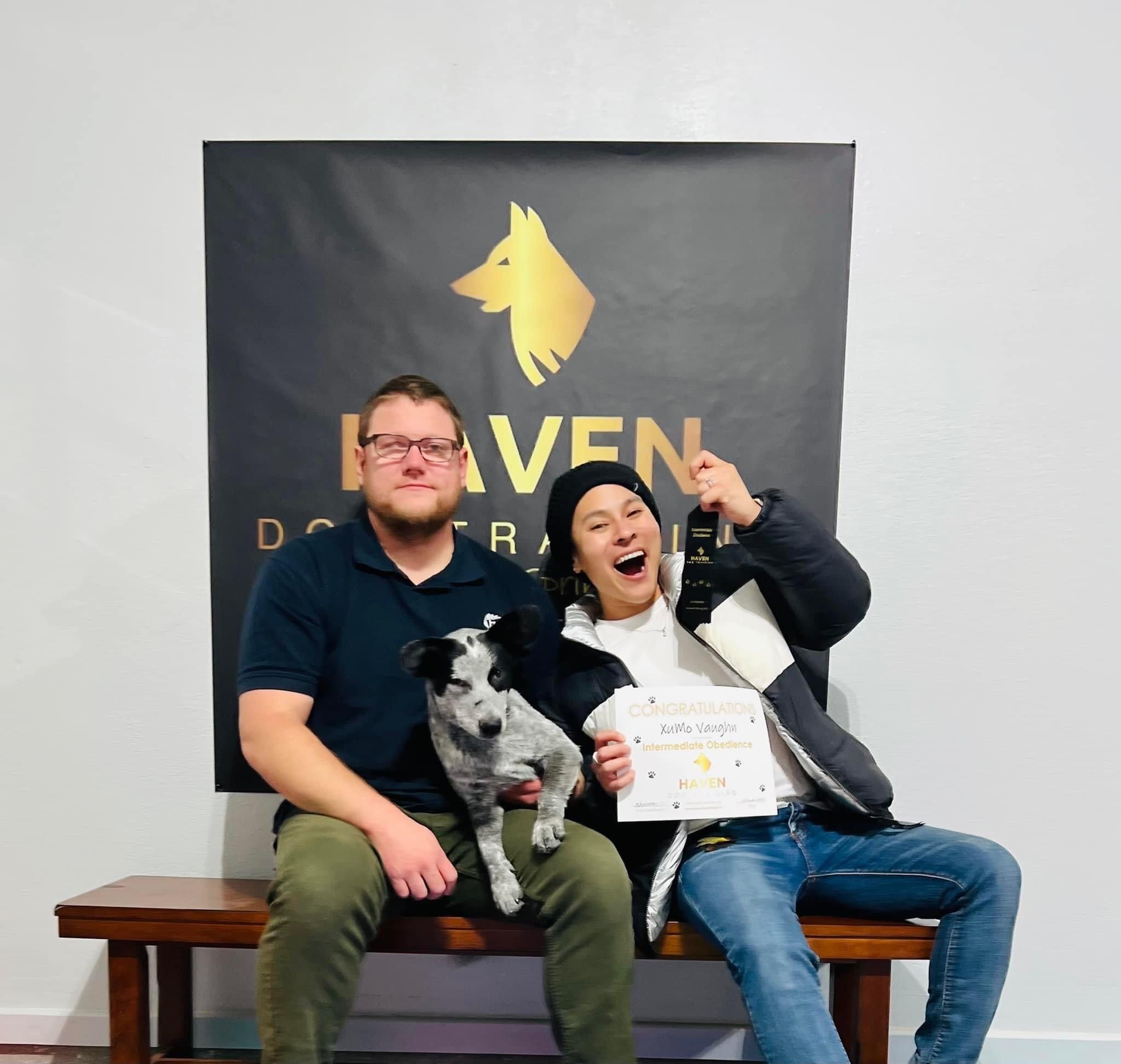 XuMo Vaughn — Intermediate Obedience graduate with owners at Haven banner